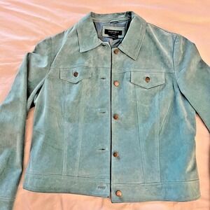 Womens Aqua Blue Suede Trucker Jacket Leather Jean Style Size Large